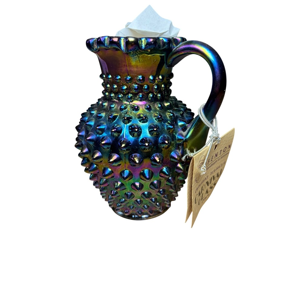 Fenton Carnival Glass Hobnail Pitcher Iridescent Blue Green Ruffled Rim USA Made